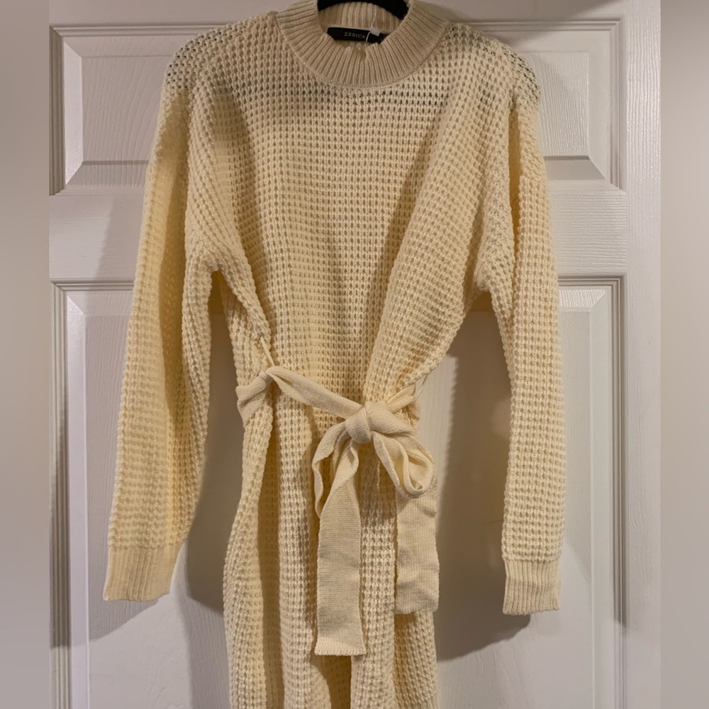 Cream Knit Belted Sweater Dress